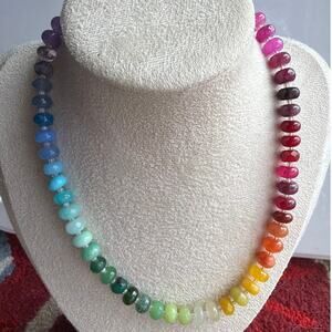 16" Ombre Rainbow Gemstone Necklace, Semi-Precious, Gold Tone Hardware
